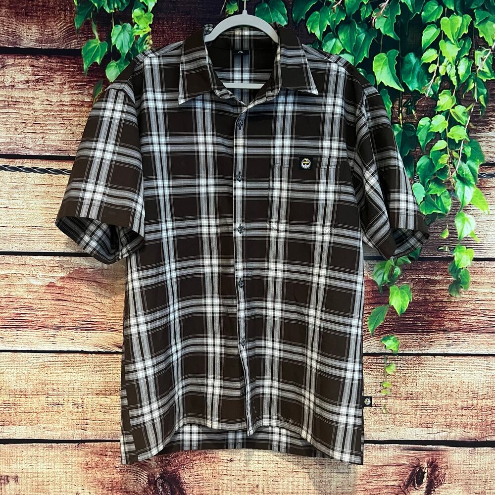 Lowrider Shirt Mens Large XL Brown White Plaid Striped Short Sleeve Button Up